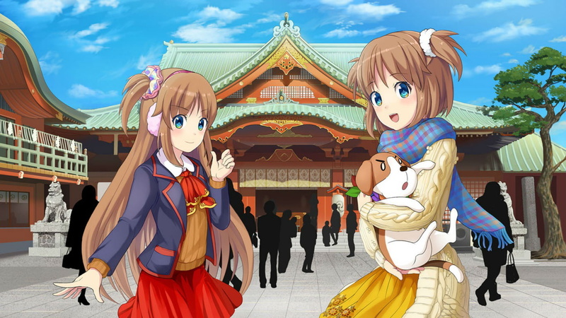 yuu, 720P, ponytail, brown, twintails, eyes, dog, hair, original, earmuffs, blue, os tan, madobe, animal, windows, scarf