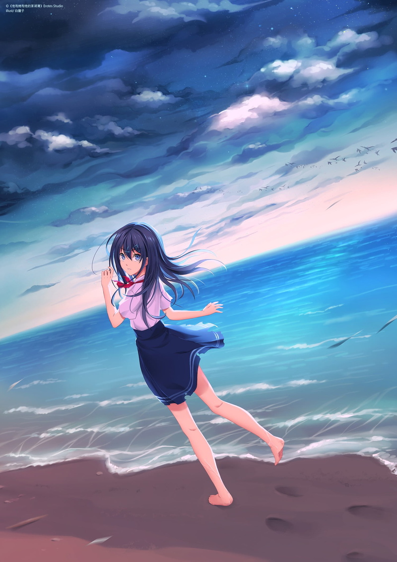 sky, beach, skirt, clouds, beauty in nature, adult, hairstyle, long hair, one person, 1080P, cloud - sky, anime girls, women, beautiful woman, nature