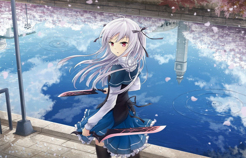 ribbons, weapon, eyes, duo, water, red, sword, thighhighs, white, asakurashinji, cherry, sigtuna, dress, long, blossoms, 720P, hair, yurie, absolute