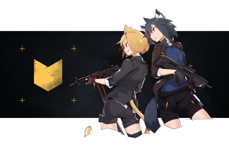 stage, men, obscured face, thighhighs, bike, real people, weapon, gun, yellow, women, blonde, leisure activity, red, eyes, konachan, holding, arts culture and entertainment