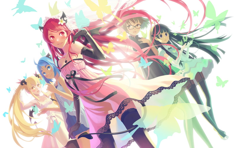 black, thighhighs, wings, pink, blue, 1080P, dress, eyes, tail, twintails, original, long, hair, vofan, group, glasses, butterfly, bow