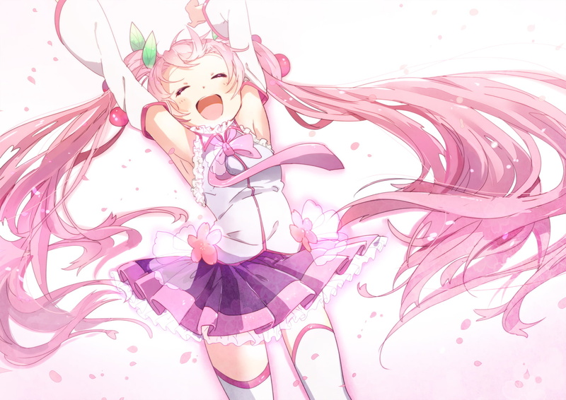 long, thighhighs, skirt, sakura, hatsune, miku, vocaloid, plumblossom, pink, 720P, ume, twintails, hair, tie