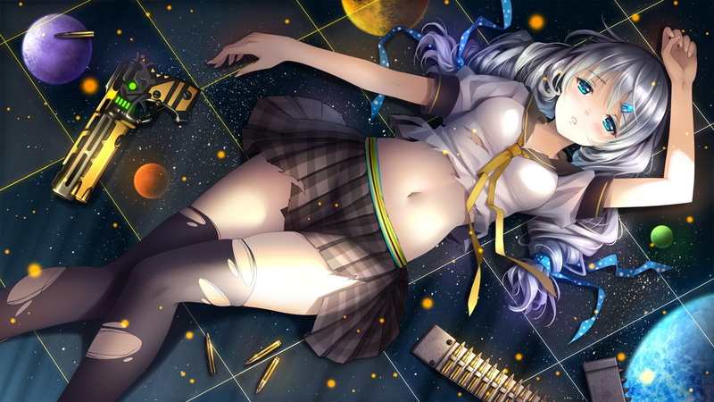 gun, long, torn, blush, gray, blue, xueyuan, weapon, eyes, seifuku, navel, thighhighs, kaslana, clothes, kiana, tidsean, ribbons, benghuai, hair, 1080P