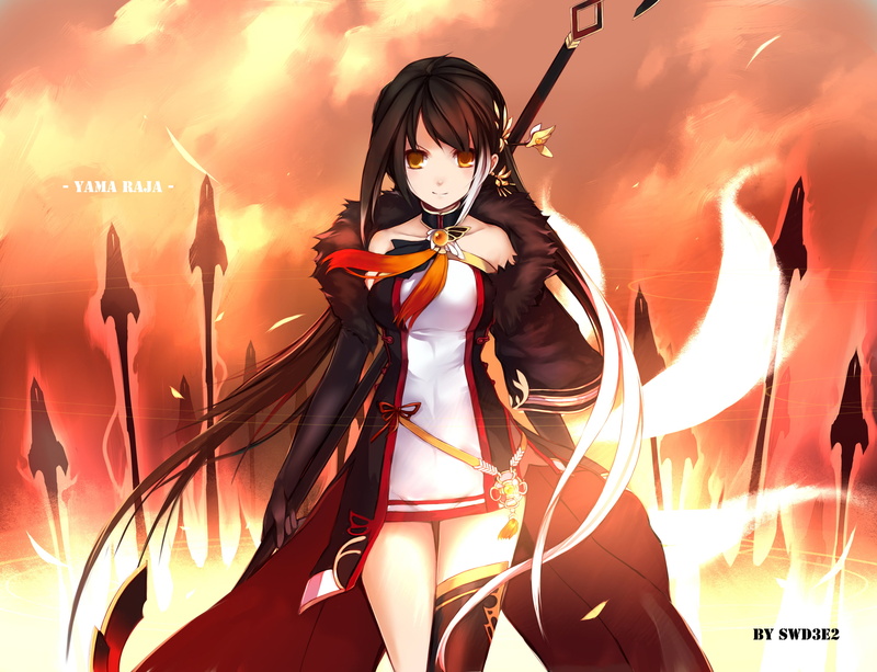 eyes, weapon, watermark, long, dress, ara, elsword, thighhighs, swd3e2, black, choker, 2K, hair, yellow