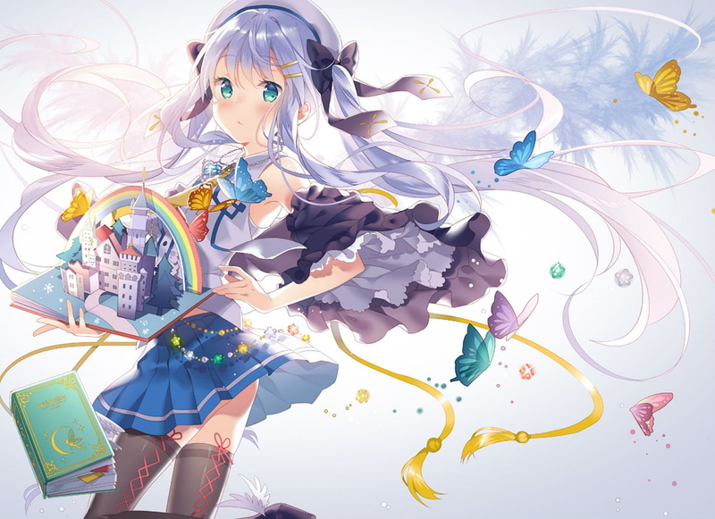 bow, butterfly, original, rie, (reverie), thighhighs, eyes, skirt, blue, book, lift, aqua, hair, hat, 720P, long