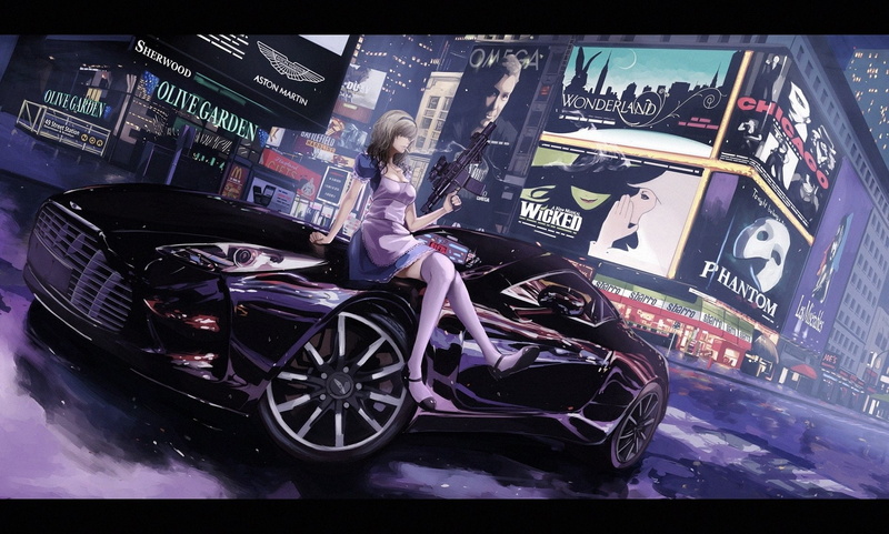 terabyte, headband, weapon, (wonderland), city, smoking, 720P, gun, thighhighs, alice, car, dress, (rook777), cigarette, wonderland