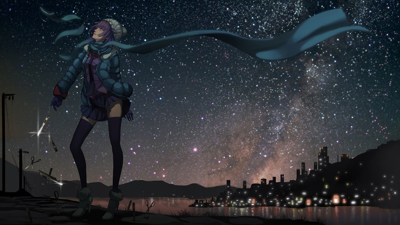 sky, city, hair, senjougahara, night, stars, eyes, bakemonogatari, knife, hitagi, madyy, gloves, 1080P, scarf, zettai, skirt, purple, thighhighs, blue