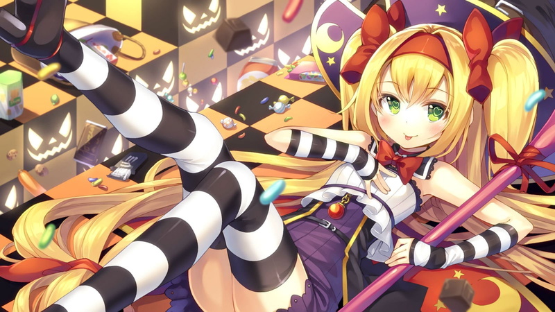 hair, halloween, green, bow, eyes, collar, headband, (gurasion), candy, blazblue, blonde, 720P, the, gurasion, twintails, trinity, platinum, thighhighs