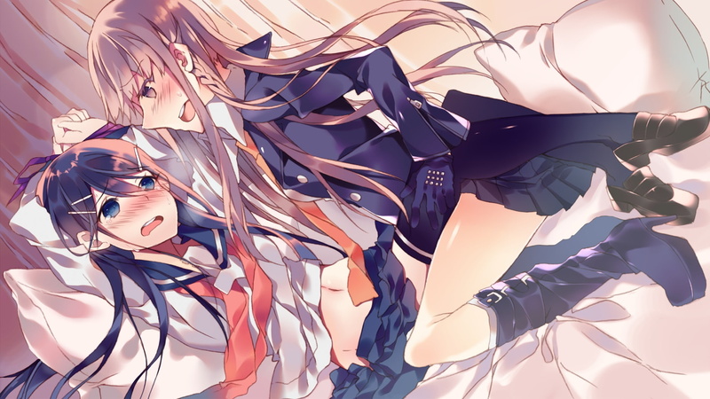 kyouko, yuri, hair, purple, seifuku, kuragari, 720P, sayaka, blue, maizono, dangan ronpa, dangan, thighhighs, tears, ronpa, eyes, gloves, kirigiri, boots