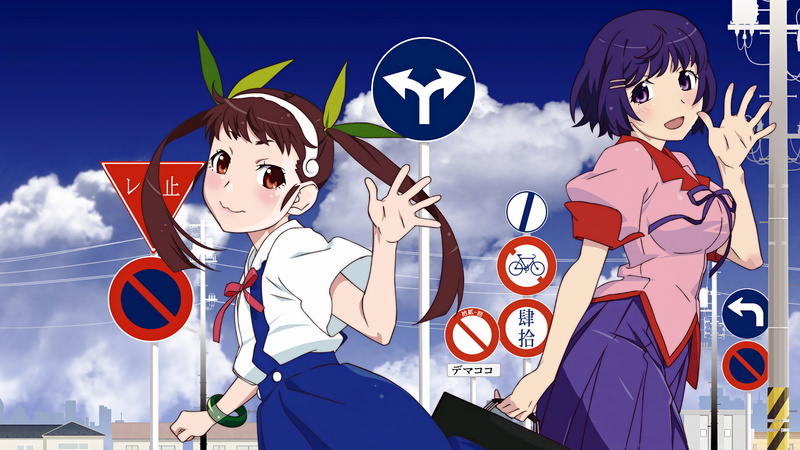 clothing, blue, twintails, outdoors, two people, Hanekawa Tsubasa, Hachikuji Mayoi, child, nature, adult, sky, childhood, cloud - sky, representation, women