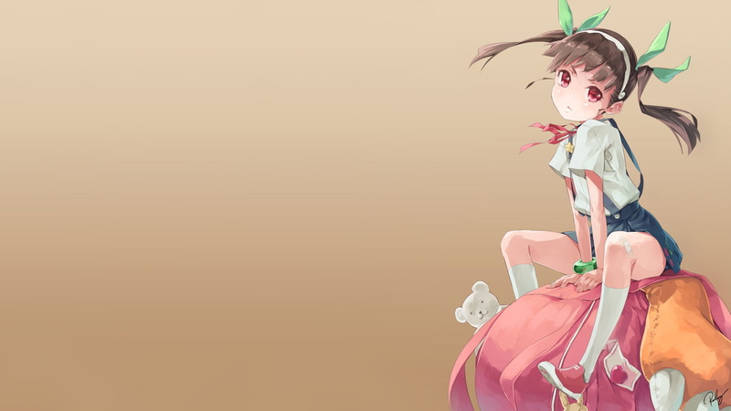 hairstyle, women, simple background, copy space, dress, hair, colored background, twintails, studio shot, anime girls, anime, emotion, wind, Hachikuji Mayoi