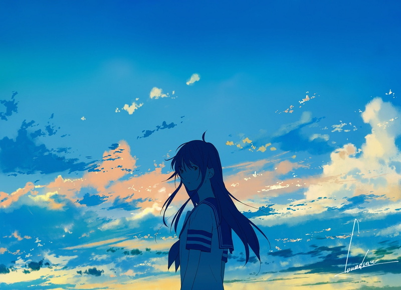 signed, long, seifuku, blue, loundraw, 720P, sky, 246894, konachan, clouds, com, original, hair