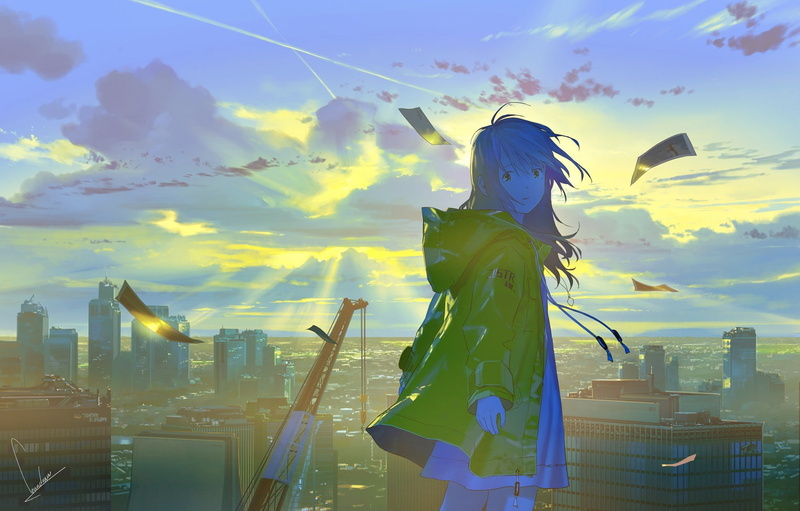 clouds, long, signed, landscape, rooftop, 256368, scenic, city, 720P, building, dress, com, original, sky, konachan, hair, loundraw, hoodie, summer