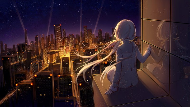 sitting, anime, city, night sky, city lights, anime girls, night, reflection, 1080P, stars