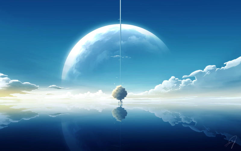 Planet, Cloud, 1080P, Anime, Water, Sky, Tree, Original, Reflection