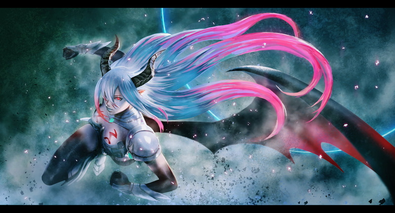 blue hair, artwork, red eyes, digital art, anime girls, demon, wings, Amira  (Shingeki no Bahamut), demon horns, long hair, Shingeki no Bahamut, 720P