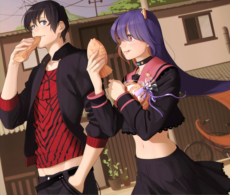 front view, real people, 2K, young adult, sunlight, well-dressed, two people, eating taiyaki, lifestyles, event, outdoors, togetherness, three quarter length