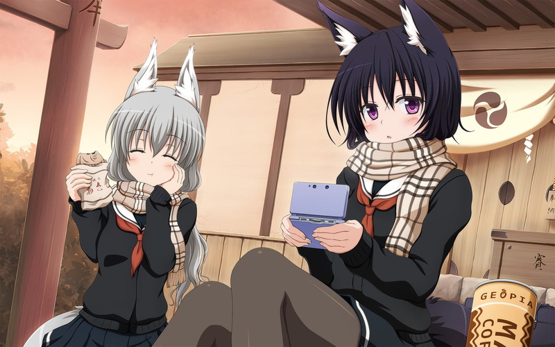 short, foxgirl, pantyhose, taiyaki, shira nyoro, animal, gray, black, food, long, eyes, original, hair, ears, purple, tail, 1080P