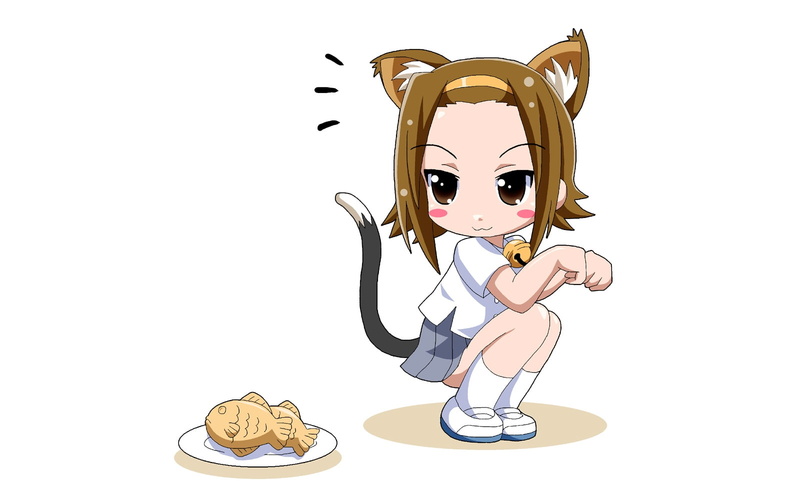 tail, socks, tainaka, k on, ritsu, short, headband, skirt, kazunari, animal, eyes, food, imai, white, ears, taiyaki, 720P, hair, brown