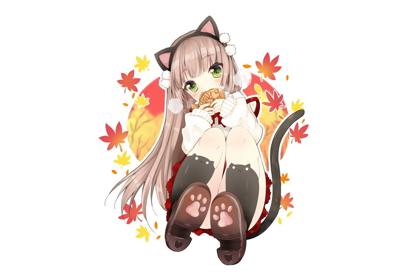amo, hair, green, tail, duji, brown, long, kneehighs, 1080P, blush, ears, animal, white, original, catgirl, leaves, bow, headband, eyes, taiyaki, food