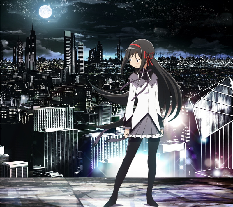 architecture, nature, Mahou Shoujo Madoka Magica, one person, full length, young women, women, young adult, sky, standing, cityscape, night, building, beautiful woman