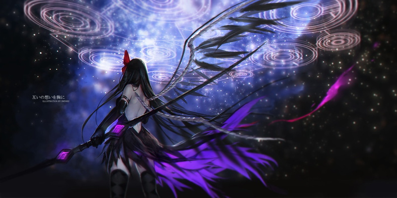 long hair, anime girls, swd3e2, anime, 720P, black dress, Mahou Shoujo Madoka Magica, wings, thigh-highs, back, feathers, headband, fantasy weapon, Akemi