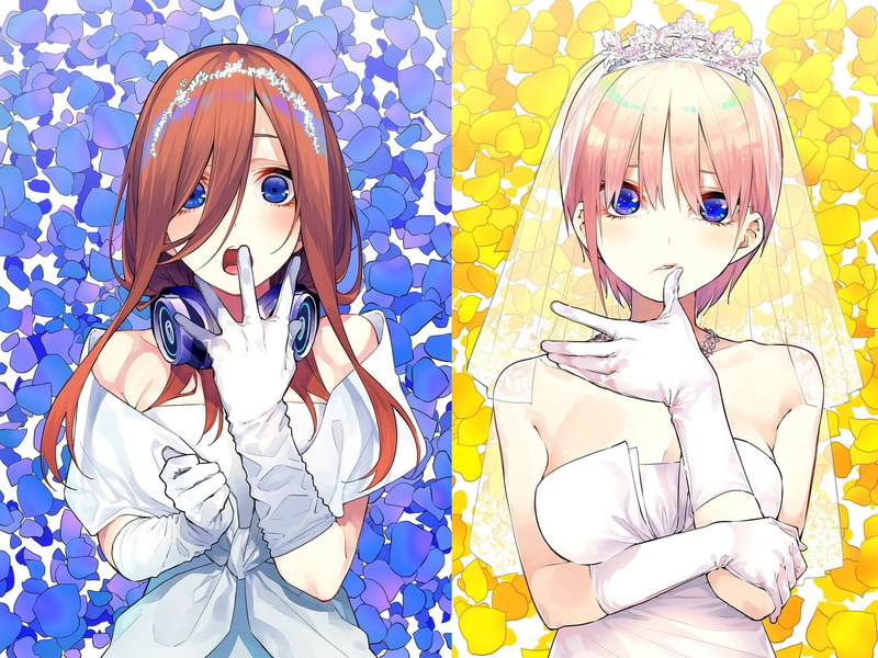 gloves elbow, blue eyes, neckline, headphones, wedding dress, 1080P, long hair, Nakano Miku, veil, Nakano Ichika, haircut, bangs, petals, surprise, Five brides