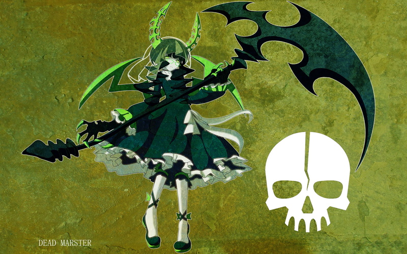 Black Rock Shooter (series), simple background, weapon, collar, short hair, wings, 2K, dress, pants, veils, meganekko, glasses, anime girls, horns, Dead Master