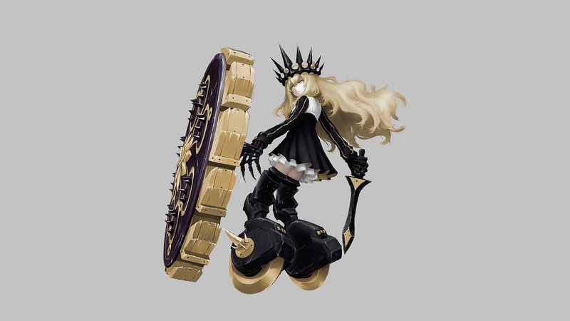 blonde, twintails, dress, simple background, Chariot (Black Rock Shooter), boots, weapon, crown, long hair, Black Rock Shooter (series), yellow eyes, sword