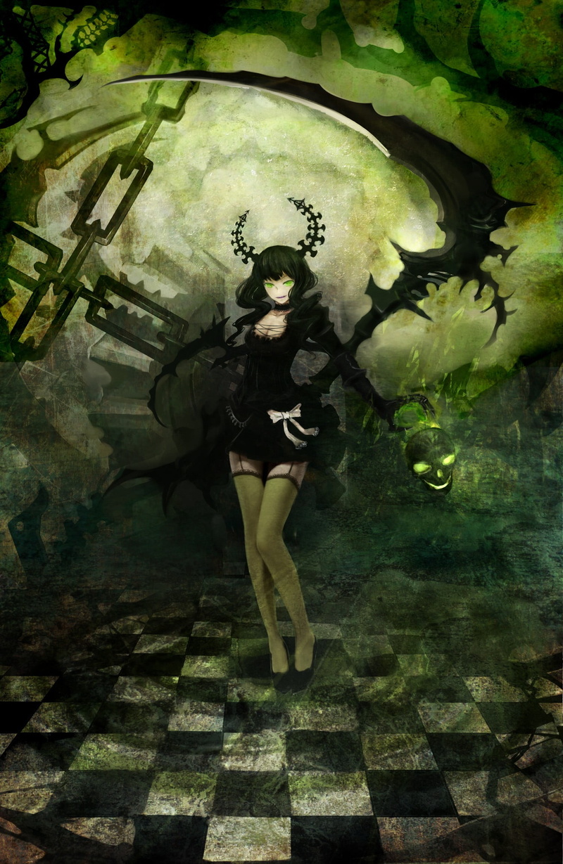 1080P, Black Rock Shooter (series), anime girls, anime, thigh-highs, scythe, cleavage, chains, Dead Master, horns, dress