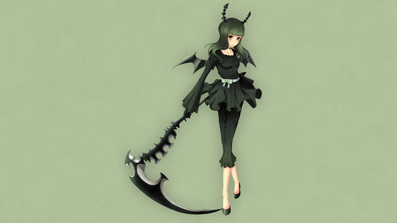 green hair, simple background, wings, long hair, pants, anime, anime girls, dress, Dead Master, weapon, horns, scythe, green eyes, Black Rock Shooter (series)
