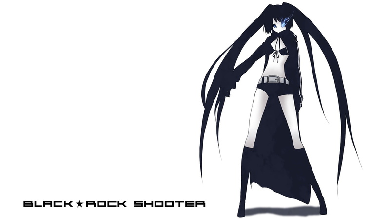coats, blue eyes, simple background, bikini top, Black Rock Shooter (series), shorts, twintails, Black Rock Shooter, anime girls, glowing eyes, black hair