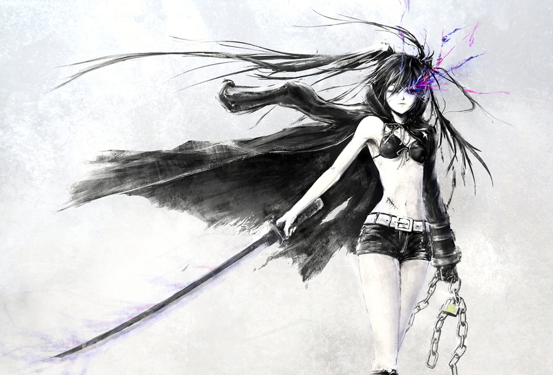 1080P, bikini top, black clothing, katana, scars, Black Rock Shooter (series), twintails, monochrome, black hair, belt, shorts, jacket, lock, digital art