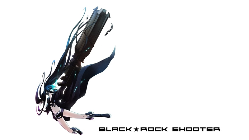 coats, black hair, Black Rock Shooter (series), glowing eyes, weapon, Black Rock Shooter, long hair, anime girls, gun, blue eyes, twintails, simple background