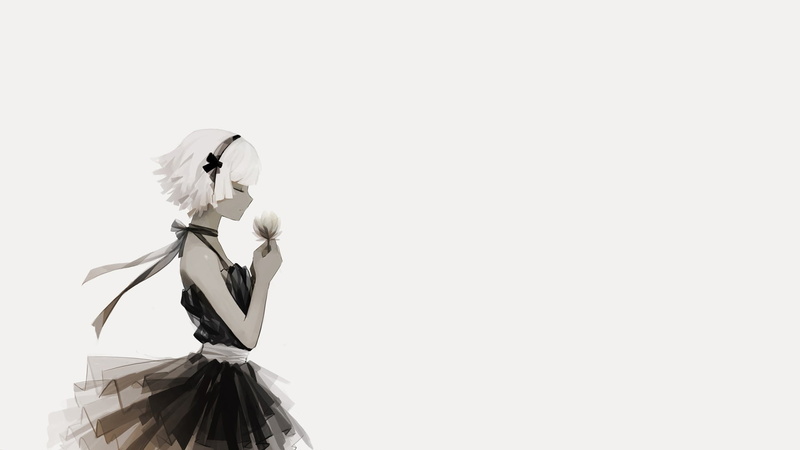 closed eyes, flowers, 1080P, anime girls, Strength (Black Rock Shooter), simple background, white hair, dress, short hair, anime, Black Rock Shooter (series