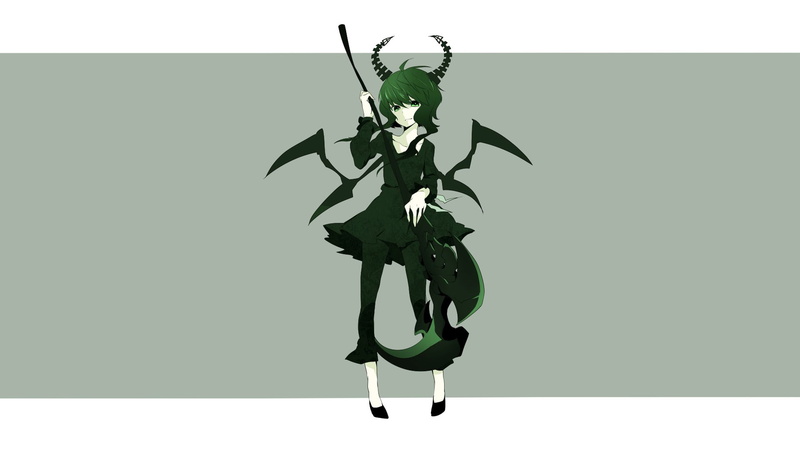 1080P, wings, anime, Dead Master, anime girls, green eyes, weapon, dress, scythe, pants, horns, long hair, Black Rock Shooter (series), green hair, simple