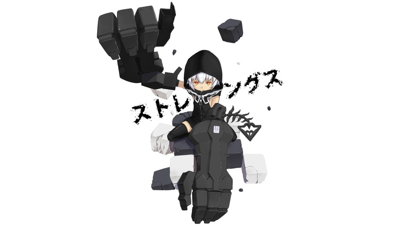 2K, orange eyes, anime girls, anime, thigh-highs, hoods, simple background, Black Rock Shooter (series), Strength (Black Rock Shooter), short hair, white