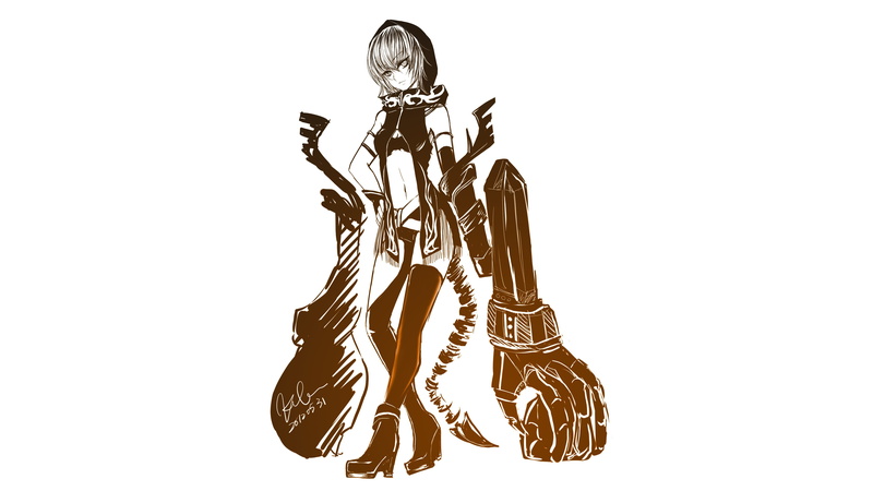 anime girls, hoods, anime, white hair, thigh-highs, short hair, Black Rock Shooter (series), simple background, Strength (Black Rock Shooter), 5K