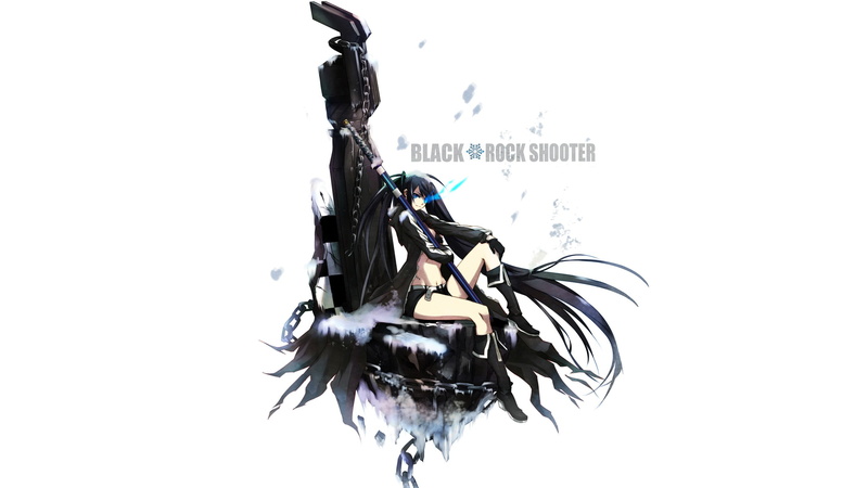 sword, 2K, coats, Black Rock Shooter, weapon, chains, glowing eyes, black hair, gun, shorts, anime, anime girls, long hair, bikini top, Black Rock Shooter (series)