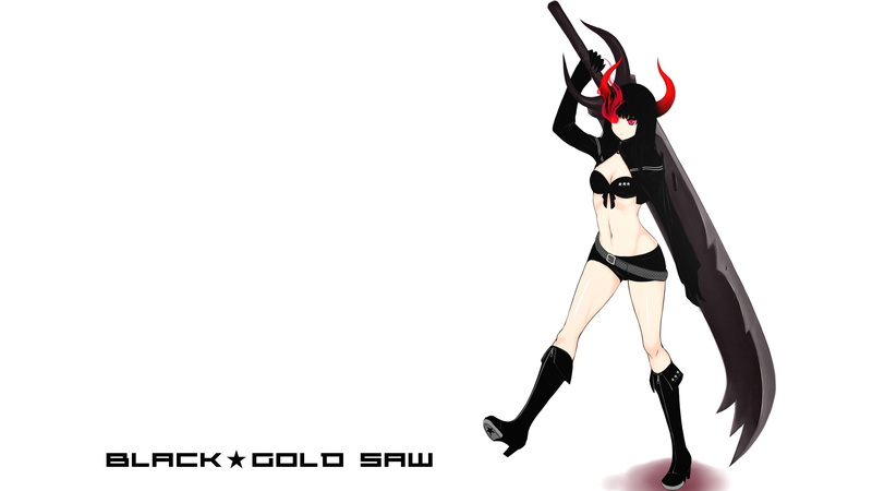 simple background, sword, bikini top, weapon, Black Rock Shooter (series), anime, Black Gold Saw, black hair, horns, shorts, long hair, anime girls, 2K