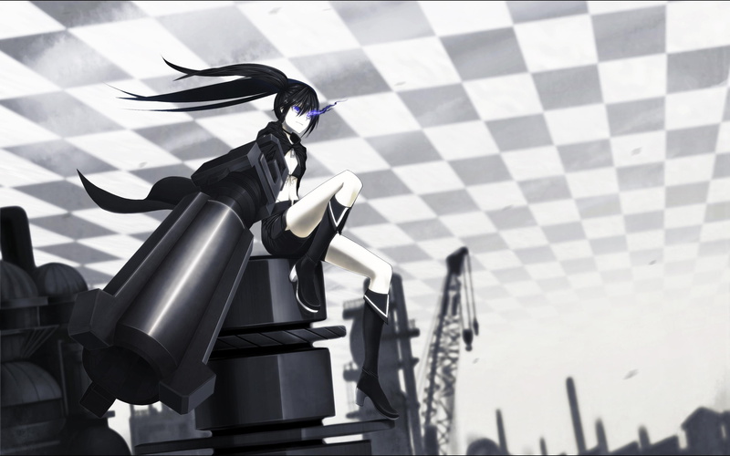 sunlight, focus on foreground, black color, checked pattern, bicycle, silver colored, low angle view, Black Rock Shooter, anime, outdoors, nature, 4K