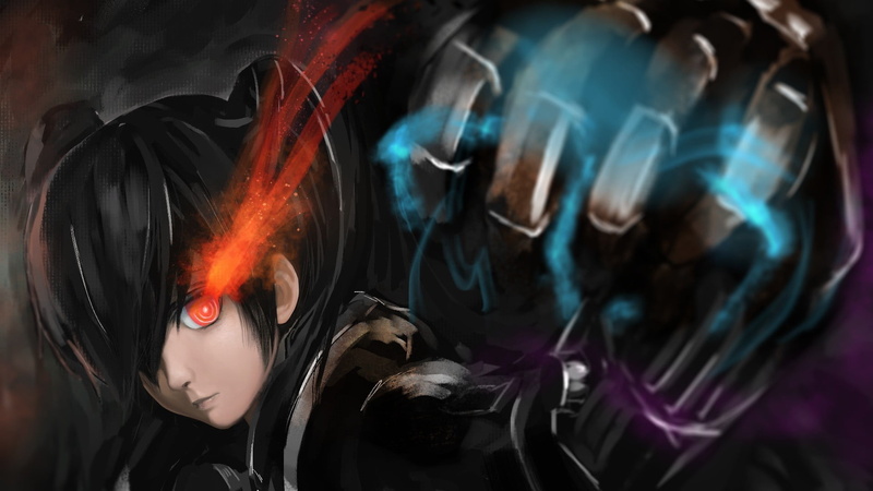 Black Rock Shooter, black color, digital composite, art and craft, long exposure, Strength (Black Rock Shooter), blurred motion, close-up, anime girls