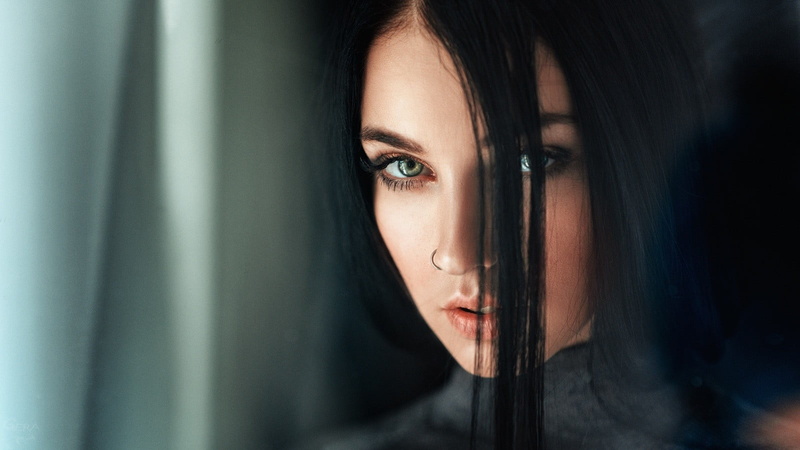 Georgy Chernyadyev, model, looking at camera, Alla Berger, 720P, beautiful woman, adult, hairstyle, body part, young women, piercing, indoors, women, human body part