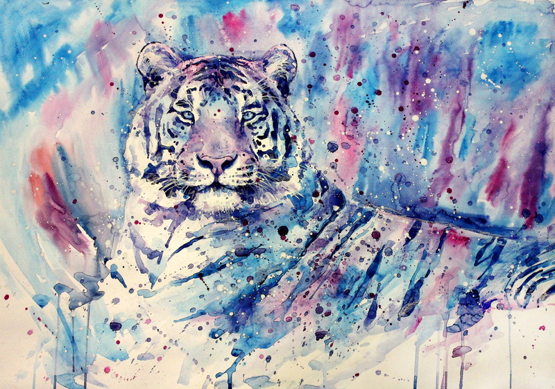 human representation, no people, the past, albino, craft, watercolor, tiger, 2K, built structure, history, representation, purple, painting, wall - building feature