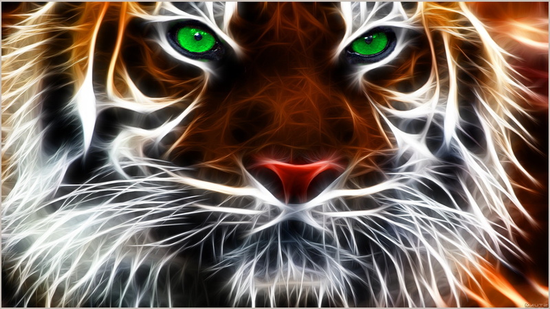 studio shot, 1080P, spooky, motion, digital composite, poster, animals, abstract, black background, red, tiger, Fractalius, horror, looking at camera
