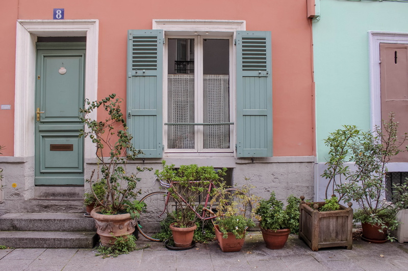 day, street, growth, structure, entrance, architecture, plant, outdoors, vase, safety, residential district, pottery, closed, home decor, no people, potted plant