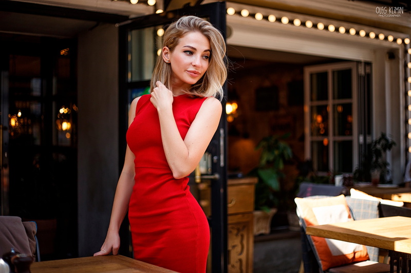 red, 2K, hair, blonde, standing, young women, three quarter length, tight dress, women, portrait, red dress, dress, adult, young adult, Oleg Klimin, holding hair