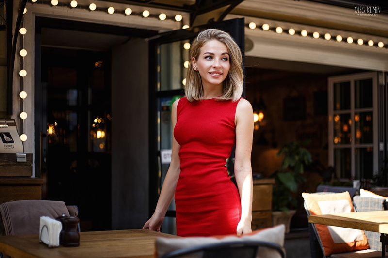 smiling, women, blonde, red dress, portrait, tight dress, 2K, Oleg Klimin, dress