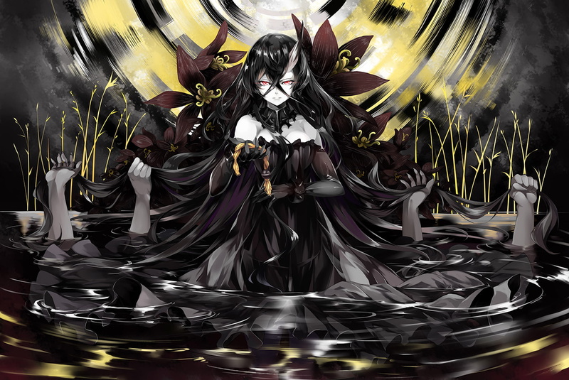 human representation, design, sculpture, indoors, art and craft, full frame, no people, red eyes, creativity, flowers, pale, black dress, Kantai Collection