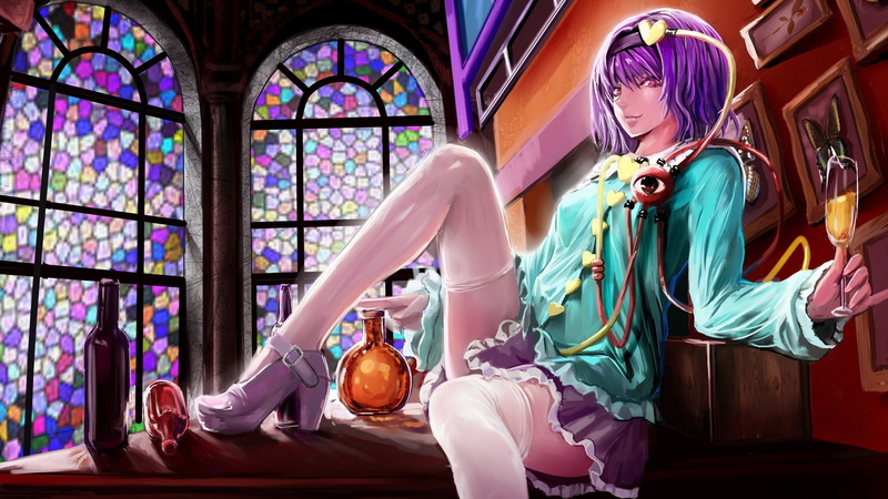 sitting, girls, string, soft, hair, shading, ornaments, hearts, glass, heels, eyes, komeiji, bangs, thigh, satori, highs, purple, 1080P, band, eye, indoors